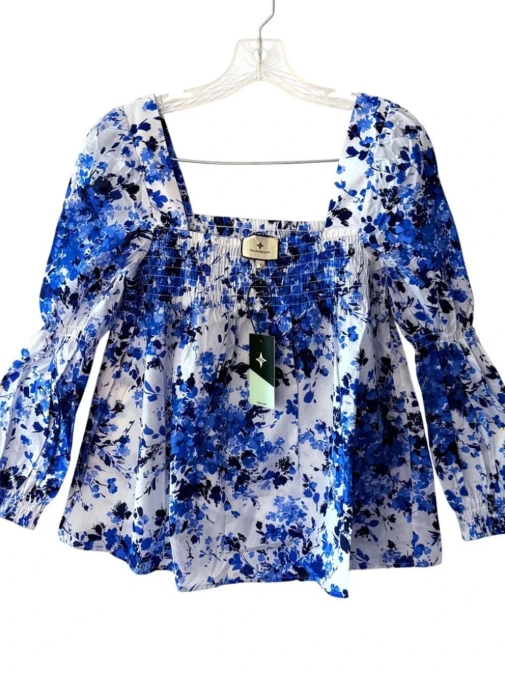 NWT Tuckernuck Women's White & Blue Floral Square Neck Smocked Puff Blouse Small